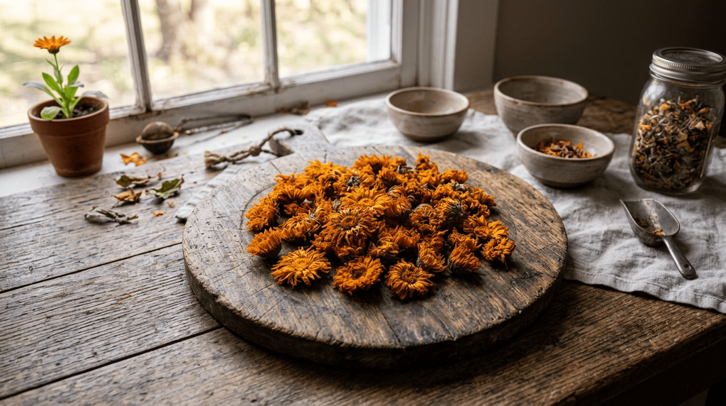 Dried calendula marigold blossoms on a rustic wooden board for a beginner home apothecary guide.