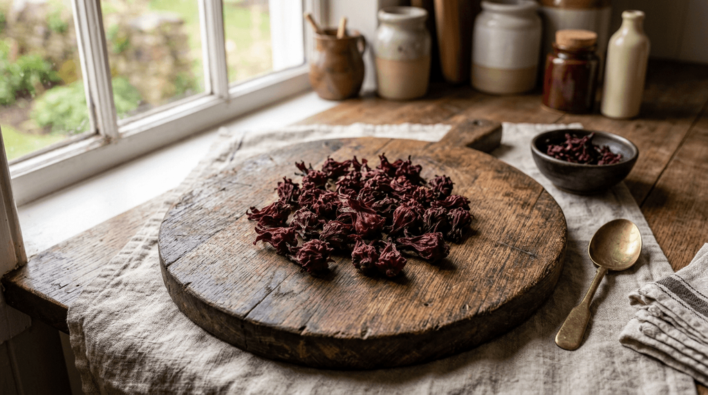 Dried hibiscus flowers on a rustic wooden cutting board for a beginner home apothecary guide.