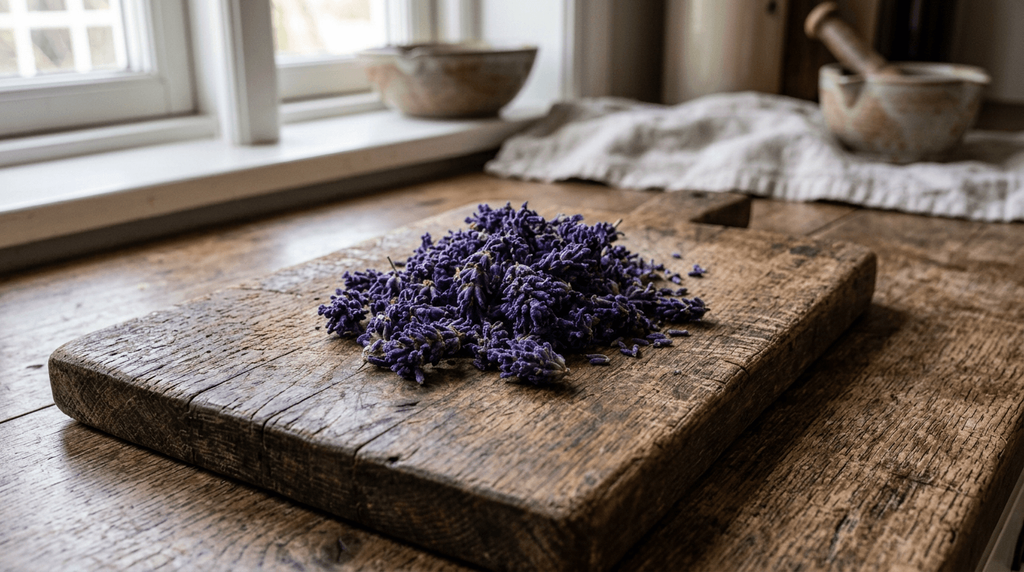 Dried lavender blossoms on a rustic wooden cutting board for a beginner home apothecary guide.
