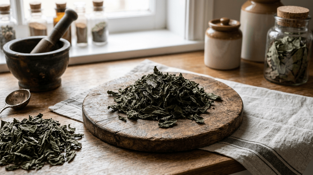 Dried peppermint leaves on a rustic wooden cutting board for a beginner home apothecary guide.